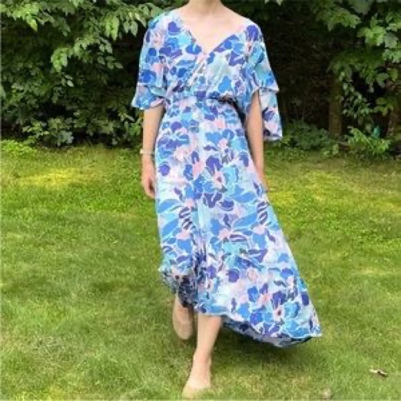 Anthropologie Abel the Label Blue Green Floral Print Tie Back Midi Dress - XS - Picture 13 of 13